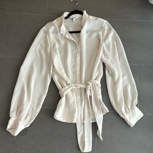 Beige blouse with tie front Elegant work Blouse sheer fabric